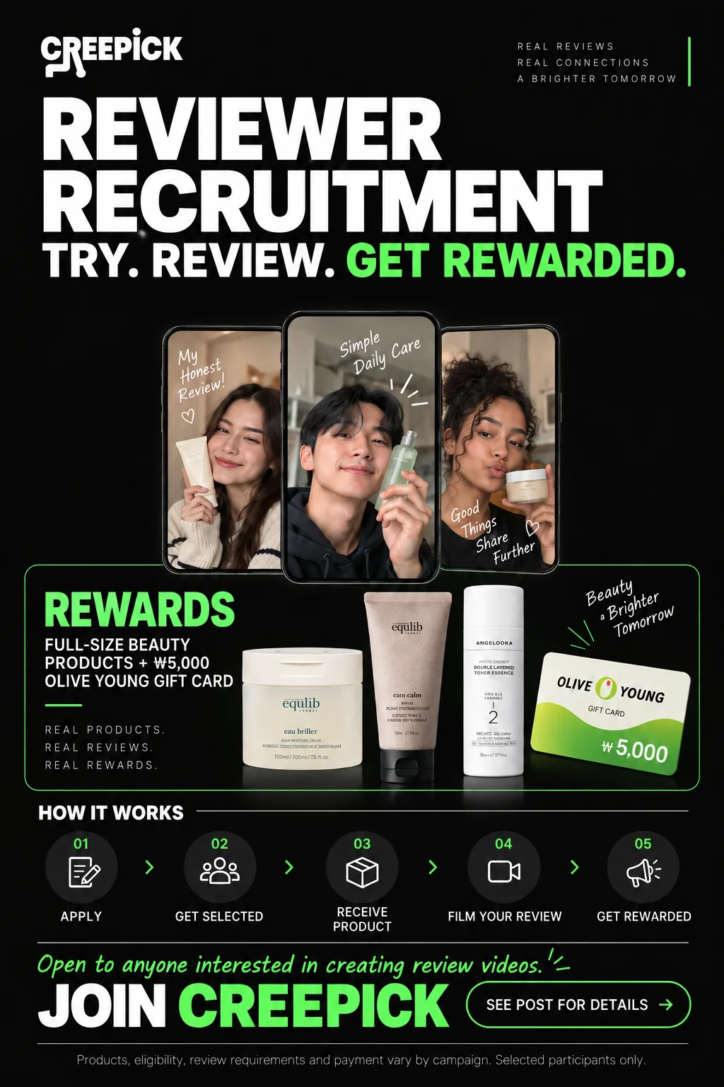 Reviewer recruitment. Try, review, get rewarded. Full-size beauty products and a 5,000 won Olive Young gift card. Apply, get selected, receive the product, film your review, get rewarded.
